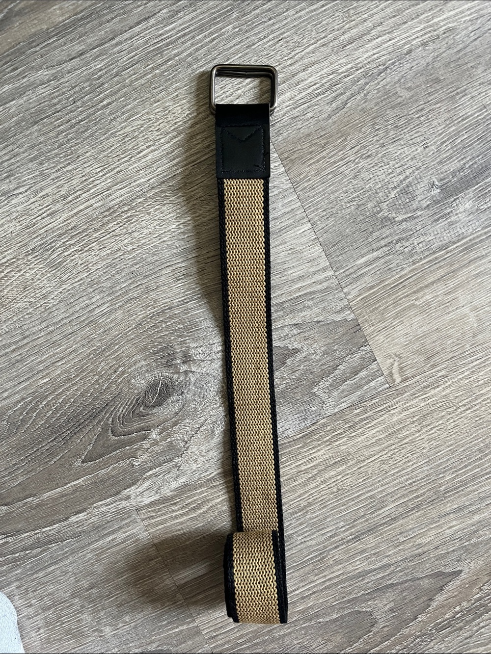 Men's Tan and Black Webbed Belt with Metal D-Ring